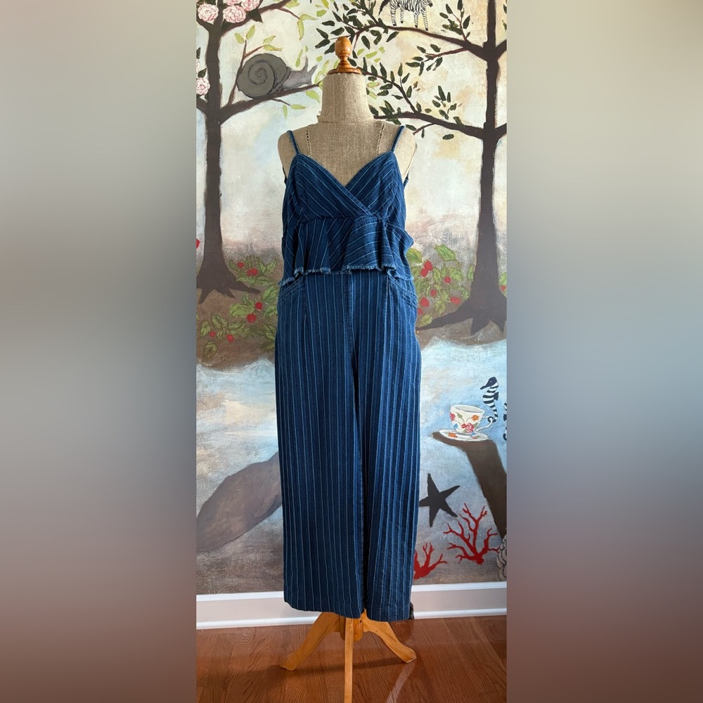 Anthropologie Blue Pinstripe Denim Jumpsuit